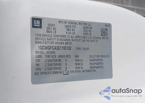 2012 Chevrolet Express 2500 Work Van z USA, uszkodzony, nr VIN 1GCWGFCA3C1165102